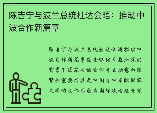 陈吉宁与波兰总统杜达会晤：推动中波合作新篇章