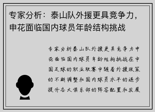 专家分析：泰山队外援更具竞争力，申花面临国内球员年龄结构挑战