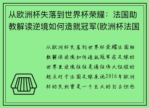 从欧洲杯失落到世界杯荣耀：法国助教解读逆境如何造就冠军(欧洲杯法国队冠军)