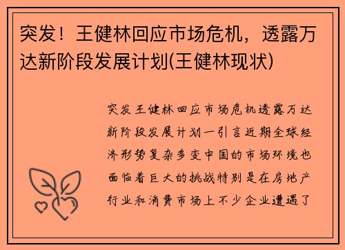 突发！王健林回应市场危机，透露万达新阶段发展计划(王健林现状)