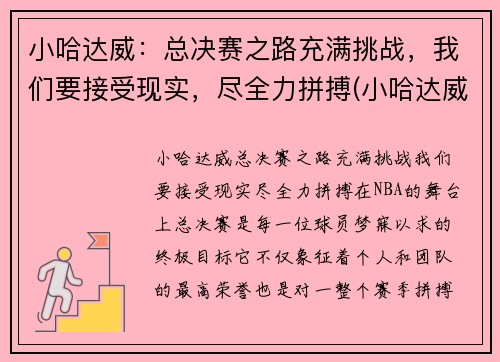 小哈达威：总决赛之路充满挑战，我们要接受现实，尽全力拼搏(小哈达威集锦)