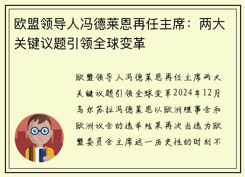 欧盟领导人冯德莱恩再任主席：两大关键议题引领全球变革